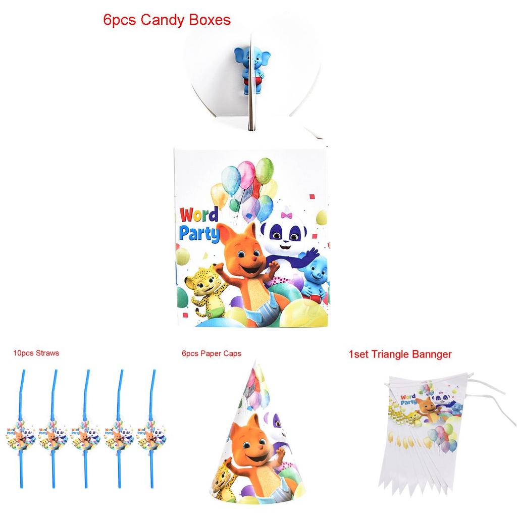 Sada party potřeb na téma Word Party s barevnými talíři, kelímky a nápisem Všechno nejlepší k narozeninám pro dětské oslavy