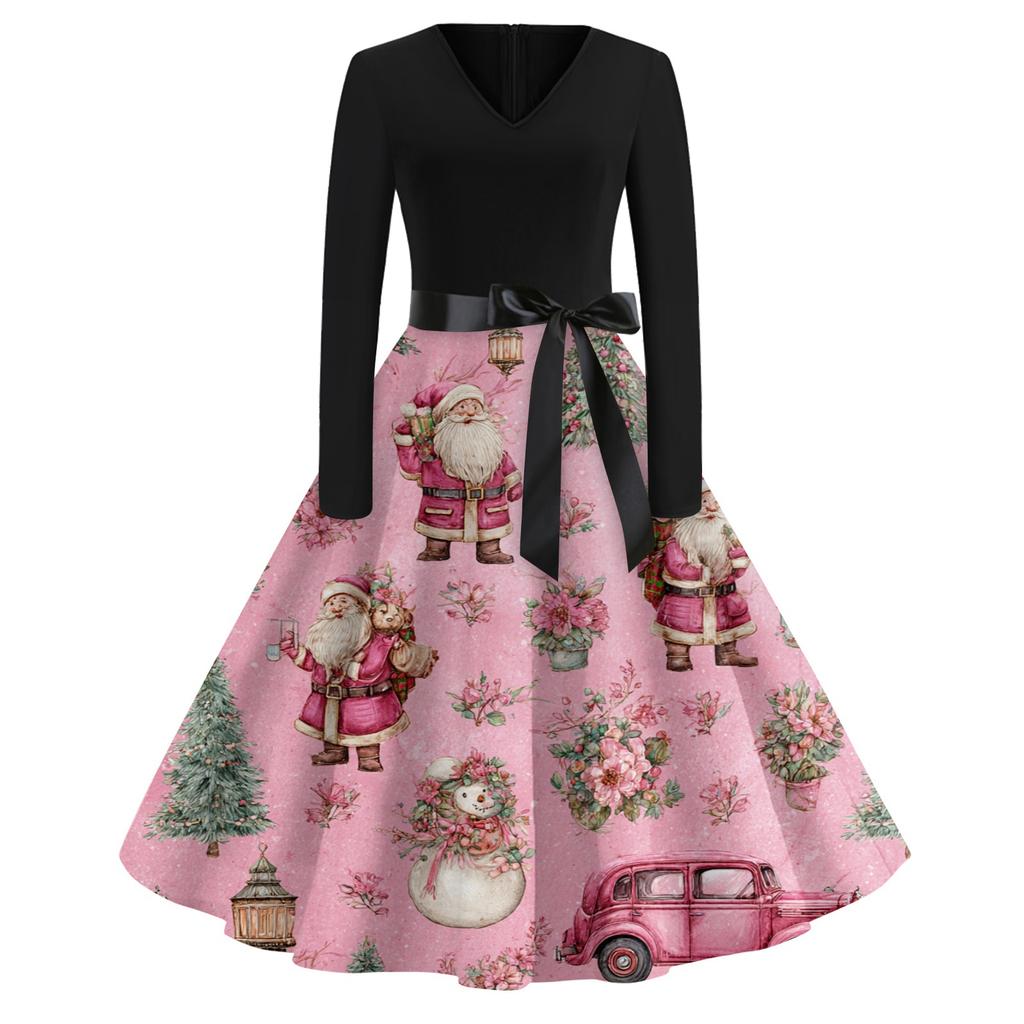 Ladies' Christmas Printed Casual And Fashionable V-neck Long Sleeved Dress