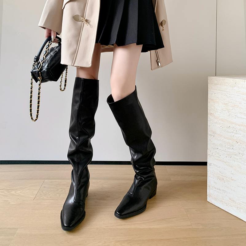 Krazing Pot Denim automne hiver chaussures bout rond épais talons moyens sans lacet plissé décoration bottes occidentales femmes cuissardes