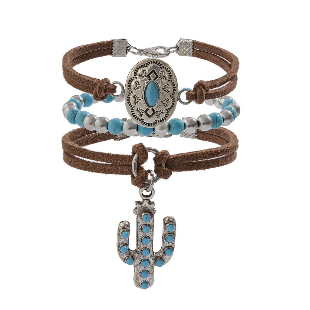 Ethnic Style Retro Imitation Turquoise Cactus Tag Bracelet Set Personalized Multi-Element Beaded Jewelry