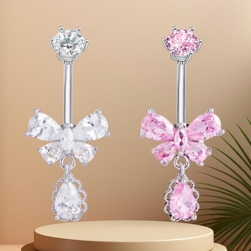 Zircon Belly Button Rings Stainless Steel Butterfly Heart Navel Piercing Shiny  Belly Ring For Women Body Jewelry