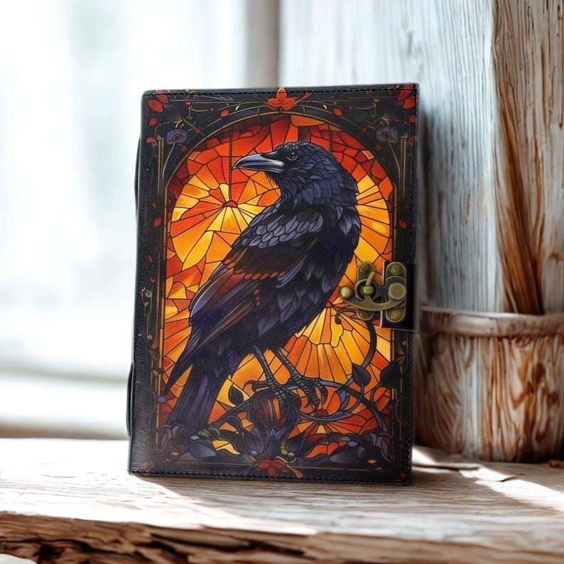 Grimoire Leather Journal, Gothic Notebook Crow Spell Book of Shadows, Vintage Witch Diary Gift for Women, Halloween Gifts