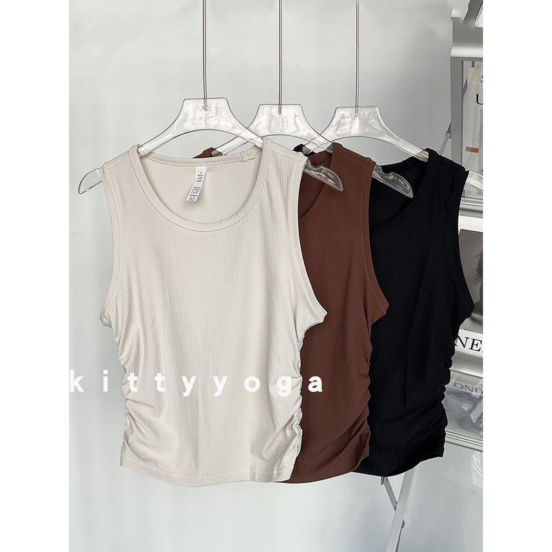 Big Brand Same Style Rib round-Neck Waistcoat Sports Tops T-shirt Ruched Waist Trimming Short