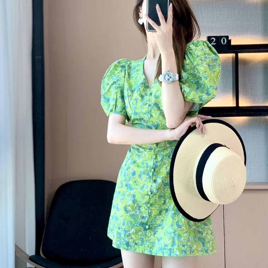 Romantic and Elegant Green Floral French Puff Sleeve Dress for Women