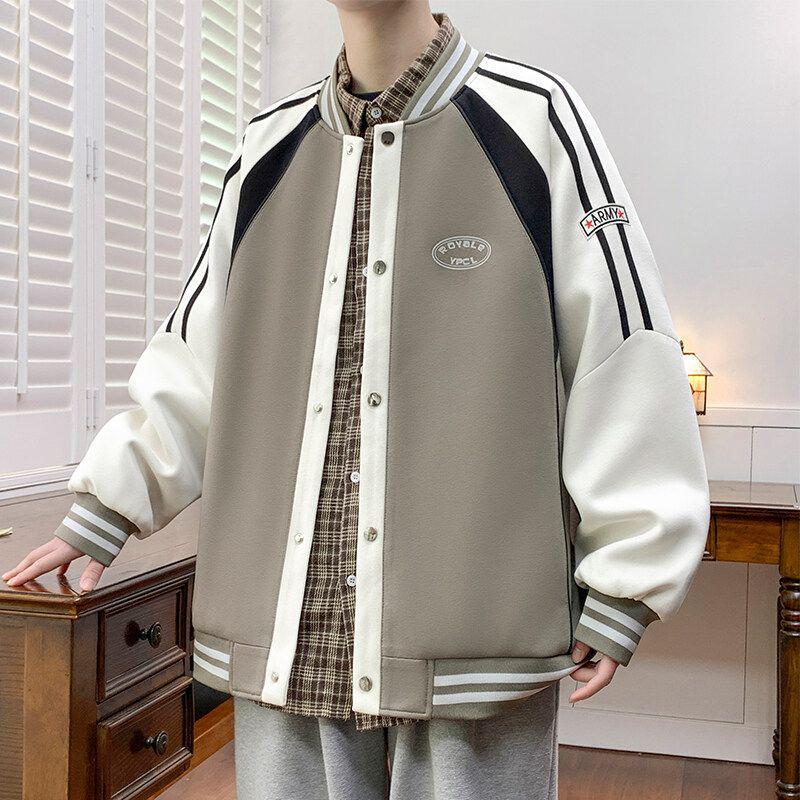 Men's Spring/Fall American Baseball Jacket: Trendy Hong Kong Style for Teens with Round Neck and Stylish Print