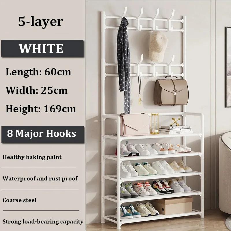 2 In 1 Shoes Clothes Organizer Multipurpose Carbon Steel Coat Rack Space Saving Floor Shoe Shelf Multi-layer Storage Organizer