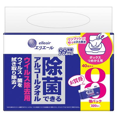 Elleair Disinfecting Alcohol Virus Box 40 Wipes X 8 Packs Wipes, Removal, Refill,
