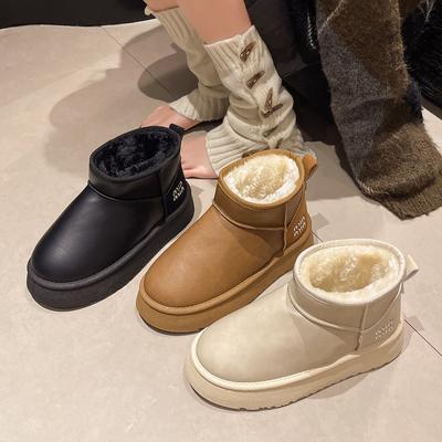 2025 Winter New Waterproof and Non-slip Snow Boots Thick-soled Heightening Bread Shoes Soft Leather Velvet Thickened Cotton Shoes