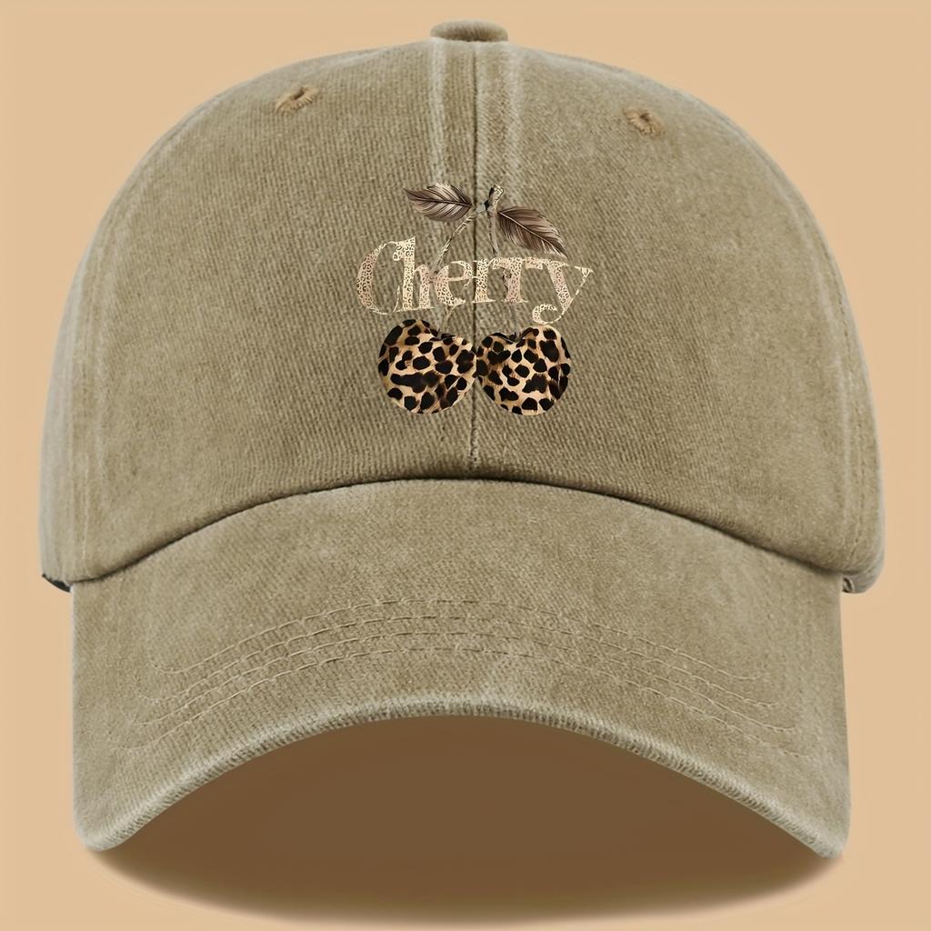 Leopard Print Baseball Cap Cherry Letters Unisex Daily Sun Hat Holiday or Birthday Gift for Cherry Enthusiasts