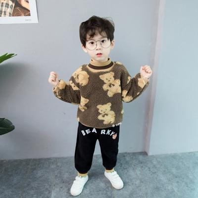 Winter Neue Baby Rundhals Volle Druck Cartoon Bär Western Stil Plus Samt Dicken Pullover Zwei-stück Anzug