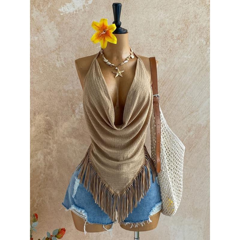 Sexy Vacation Style Halter Neck Backless Slim Fit Sleeveless Top For Women S хаки