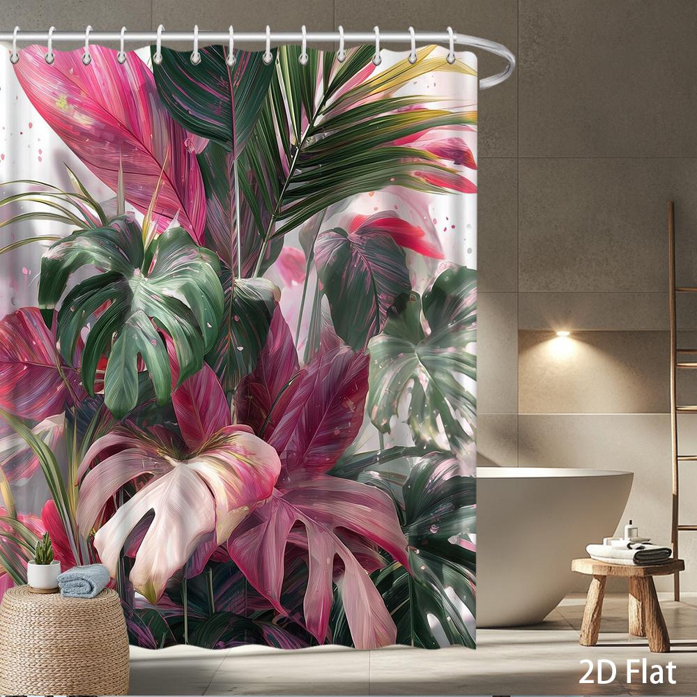 

1Pc Tropical Plant Shower Curtain – Monstera & Palm Leaves, Pink-Green Foliage, 2D Print, Machine Washable W/Hooks W60H190(CM)-1 Pcs