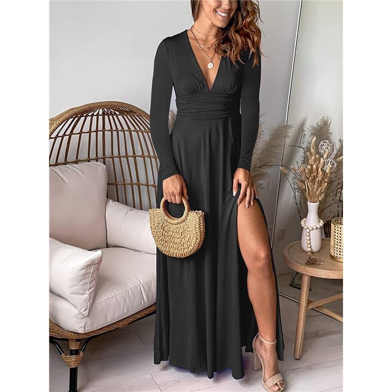 Women's Deep V-neck Long-sleeved Dress, Pleated, High-waisted Split, Club Party Evening Dress, Solid Color Long Skirt