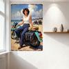 Vintage Adventure Beach Motorcycle Scene Metal Tin Sign - Curly Brown Hair Woman On Turquoise Bike with Tan Canvas Bag, Studded