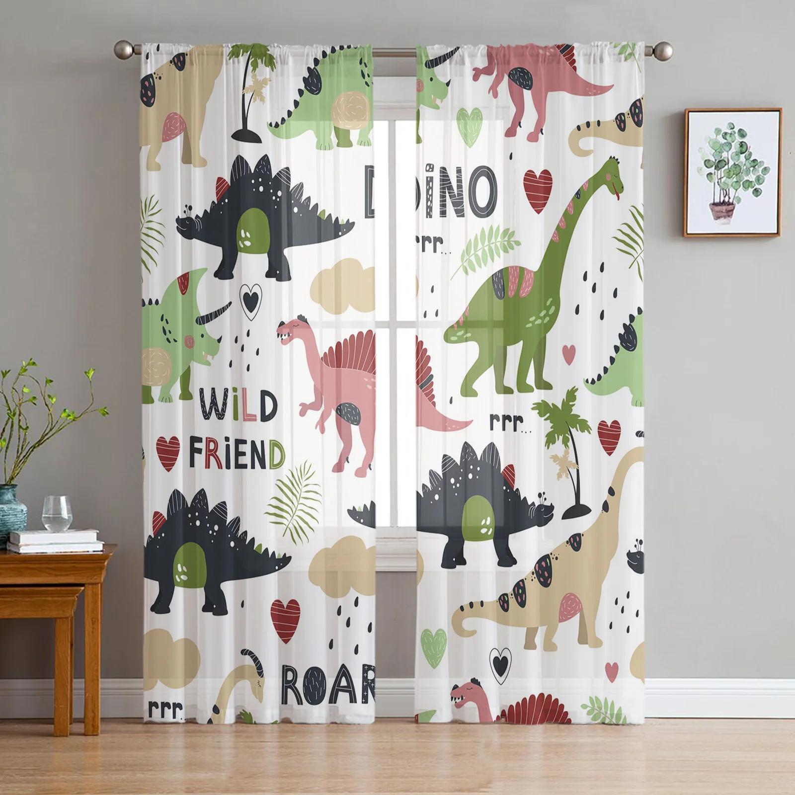 

Animated Cartoon Dinosaur Character Soft Tulle Curtains for Living Room Printed Design Transparent Transparent Fabric Curtain Bedroom Window W135 x H115cm x1&Grommet Top