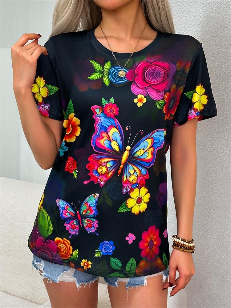 New casual women's short-sleeved blouse, floral print round neck blouse, fashion short-sleeved T-shirt, women's clothing