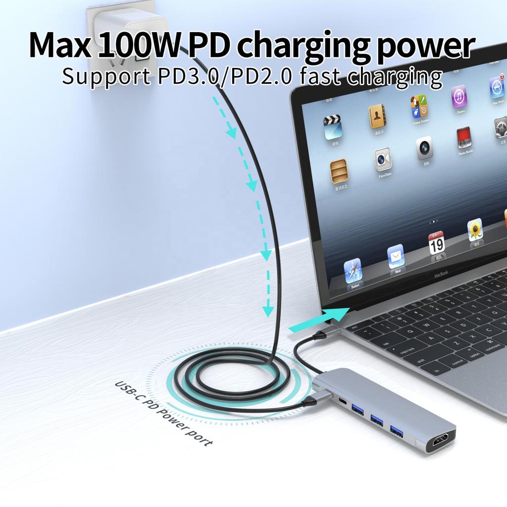6 in 1 Aluminum Thunderbolt 3 Usb Hub Type-c Plug to 1*HD 4K+1*PD 100W+1*type-c Data+3*USB-A 3.0 Docking Station USB HUB