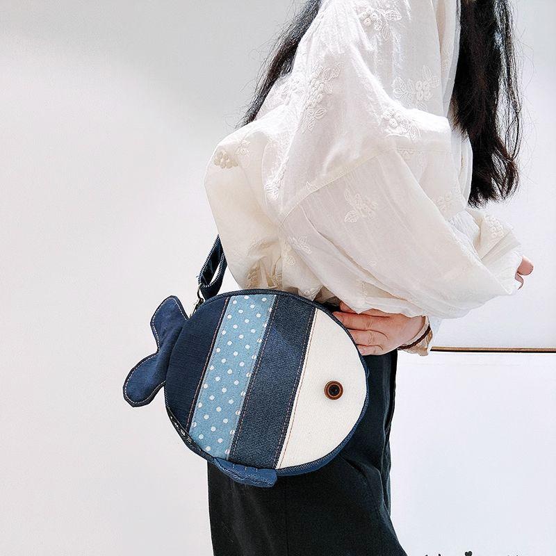 

Three-Color Patch Big Fish Messenger Bag Women 2025 Spring and Summer New Original Design Cute Small Bag Denim Shoulder Bag Big Fish Crossbody Bag-Denim Color