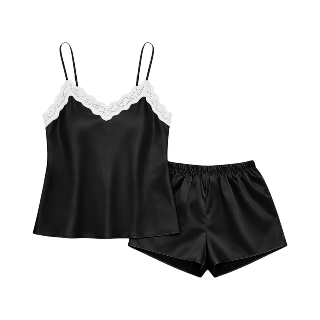 Women Satin Sleepwear Lace Trim Cami Top and Shorts Pajama Set Adjustable Strap Loungewear Two Piece Nightwear Set