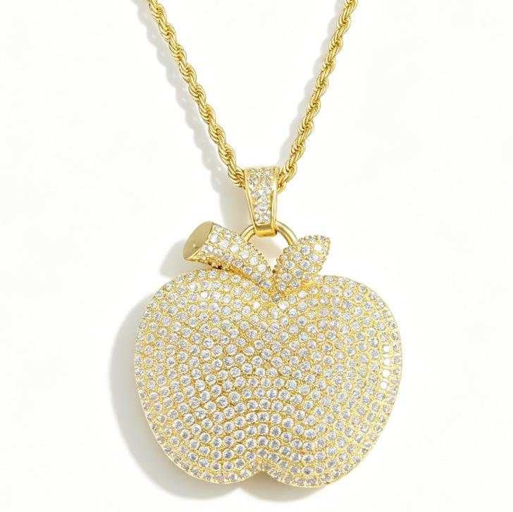 Hip Hop Copper Inlaid Zircon Full Diamond Apple Pendant, Trendy Versatile Necklace, Unisex Personalized Accessory