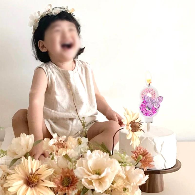 Gradient Butterfly Digital Candle Birthday Cake Topper Table Butterfly Decor 0-9 Purple Number Birthday Candles Party Supplies