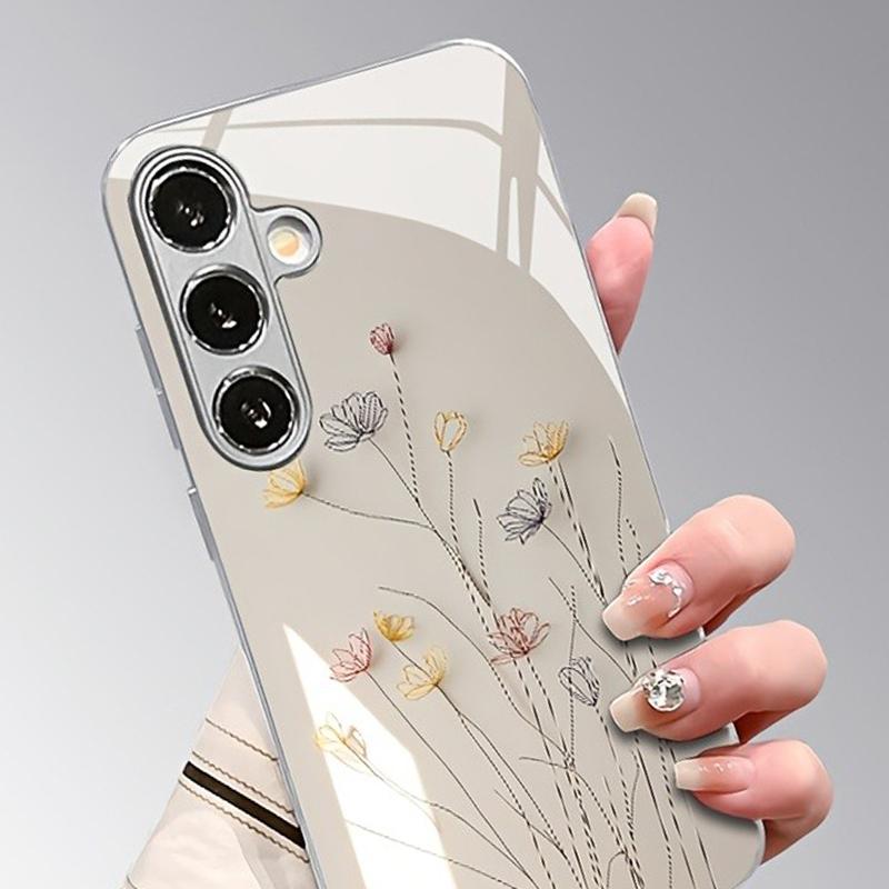 Coque de téléphone argentée plaquée électro avec motif floral de luxe pour Samsung Galaxy S26 S25 S24 S23 Ultra Plus FE Housse en verre trempé