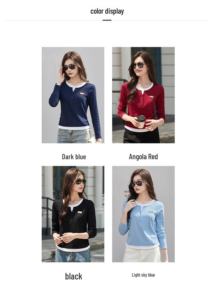 Plus Size Color Block Long Sleeve T-Shirt for Women - 2025 Autumn Design, Waist-Slimming Fake Two-Piece Style