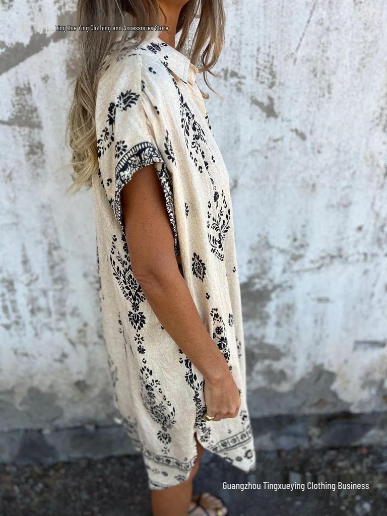 European & American Summer Casual Short-Sleeved Cotton Linen Shirt Dress with Pocket Print for Women