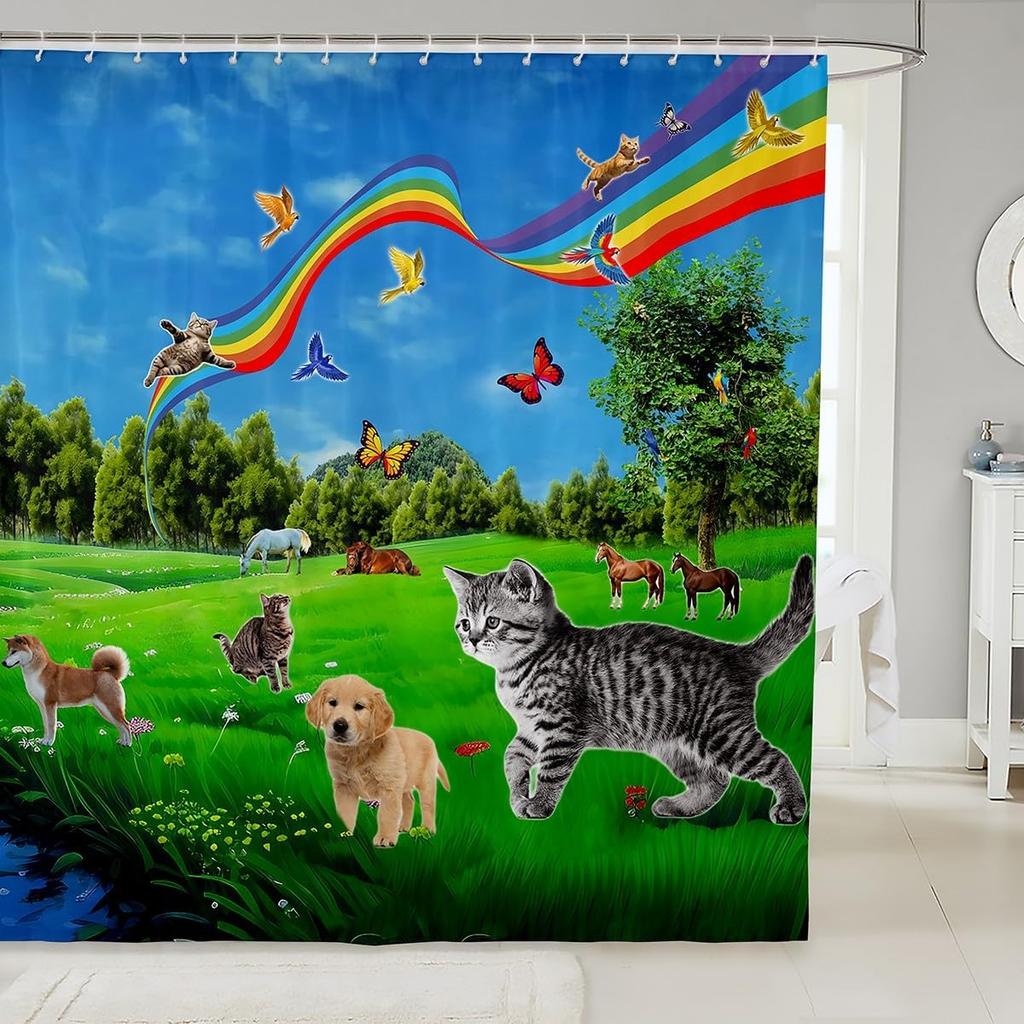 Dog Bath Curtain for Girls Boys Kids Cute Pet Cat Dog Shower Curtain with Hooks Backyard Pals Dogs and Cats Shower Curtain