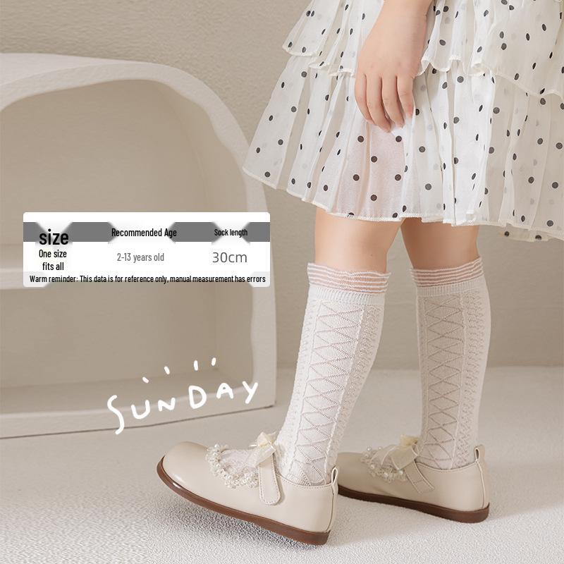 Girls' Summer Lace Mesh Anti-Mosquito Calf Socks - Cute, High Elastic, Versatile, Thin, Mid-Calf.