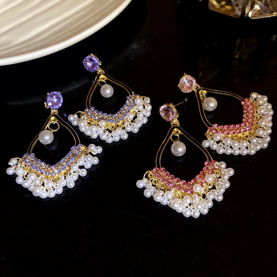 Inlaid Rhinestone Water Drop Pearl Tassel Earrings for Women Bohemian National Style Drop Earring Retro Light Luxury Zircon