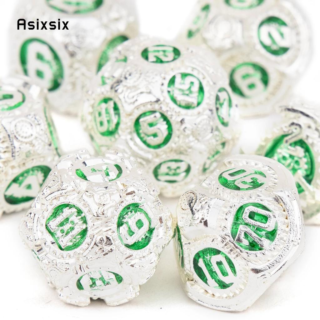 7 Pcs White Green Gear Wheel Metal Dice Solid Metal Polyhedral Dice Set Suitable for Role-Playing RPG Board Game Card Game