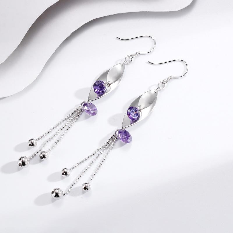 Purple Diamond Leaf Long Fringed Earrings Women's Fashion Korean Version Versatile Earrings Mori Ethnic Style Earrings