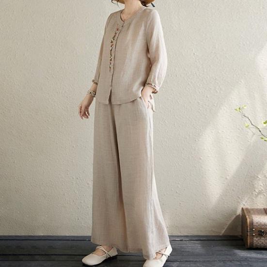 2ks/Sada Dámský Ležérní Outfit Kulatý Výstřih 3/4 Rukávy Výšivka Květinový Vzor Košile Široké Nohavice Dlouhé Kalhoty Sada Denní Nošení
