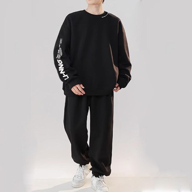 Li Ning Logo Print Fleece Lined Warm Cuffed Knitted Sports Pants Men Bottoms Black AKLTB11-4