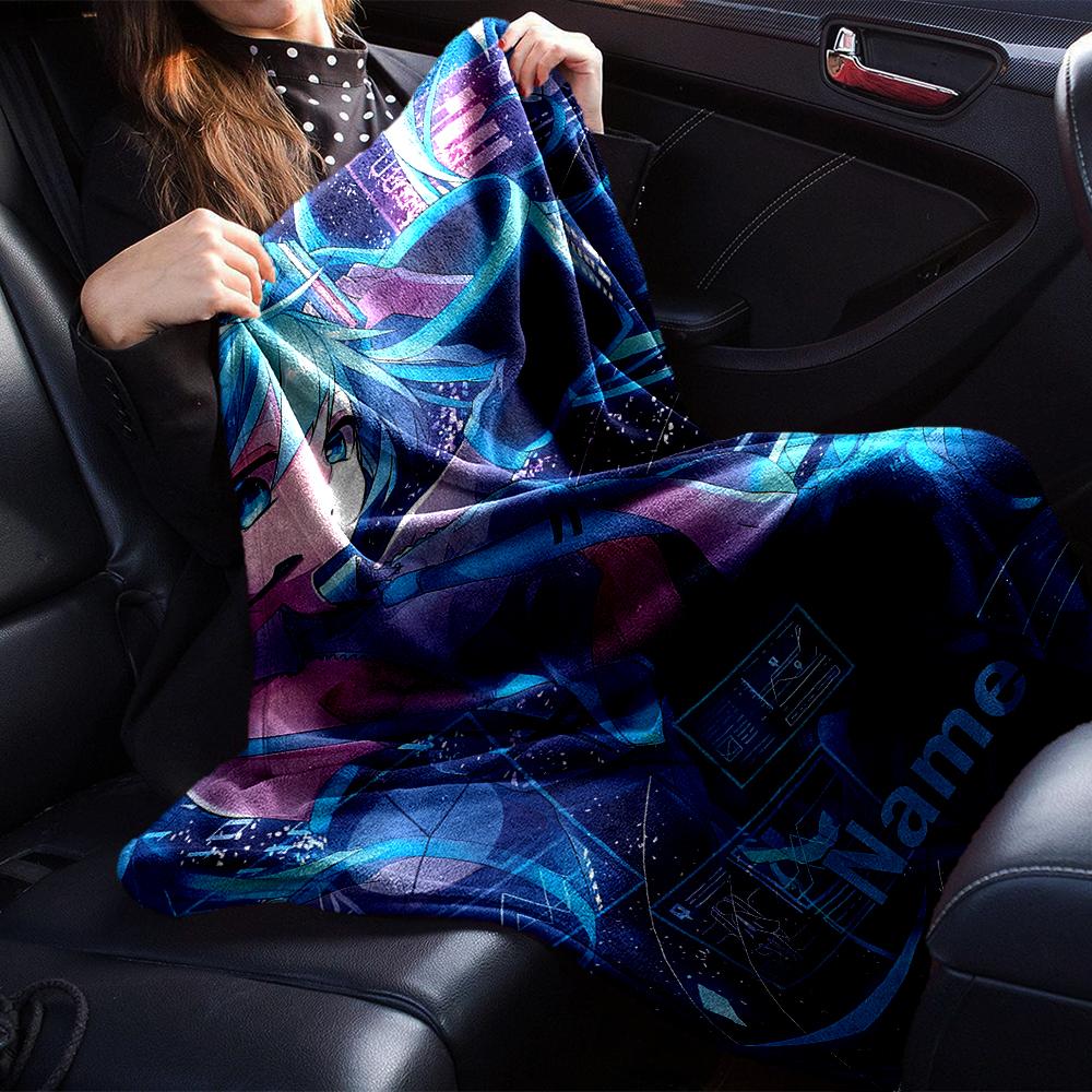 Custom Name Hatsune Miku Theme Printed Blanket - Perfect for Couch, Bed, Travel & Outdoor Use | Machine Washable, Cozy & Durable.