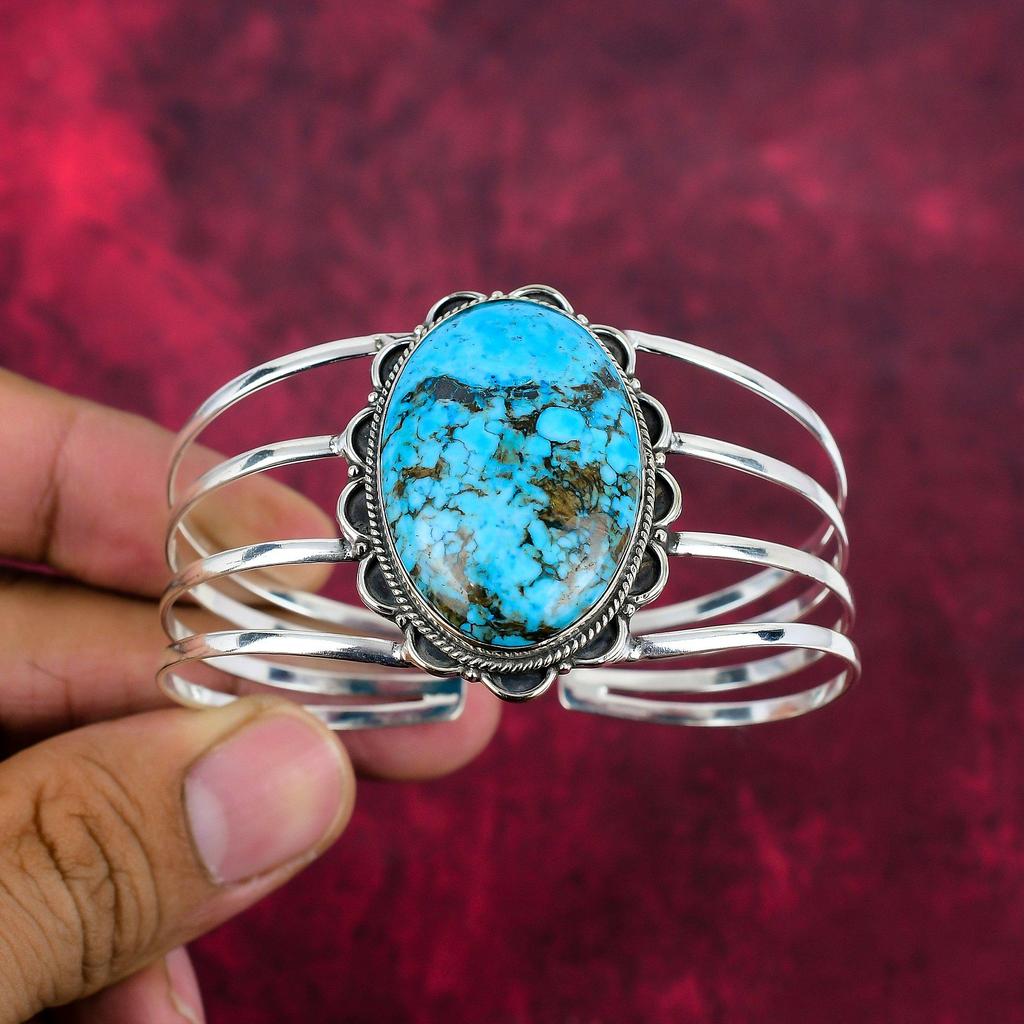Blue Turquoise Handmade Gemstone Bangle, 925 Solid Sterling Silver Antique Jewelry Bangle, For Engagement Gift