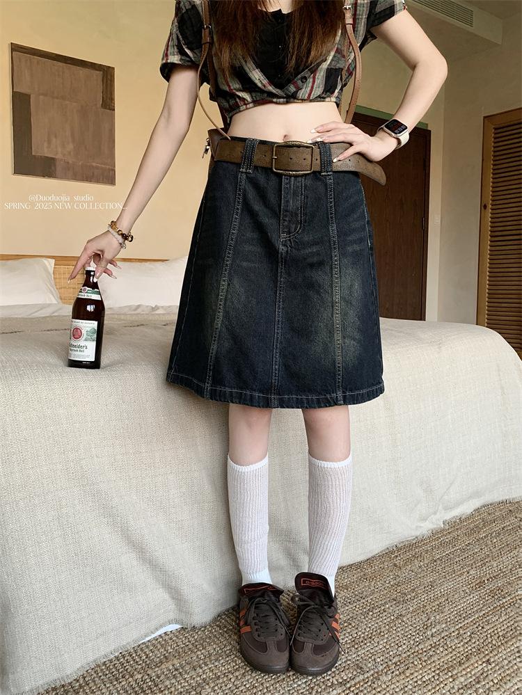 

2026 American-Style High-Waist Distressed Denim A-line Fishtail Skirt L синий