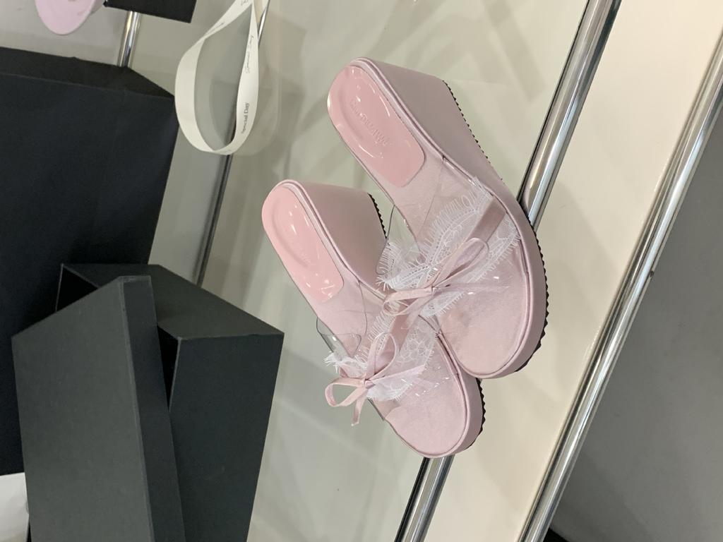 Fairy patent leather slippers slope shoes 2025 new French transparent mesh bow cool round head heel slippers