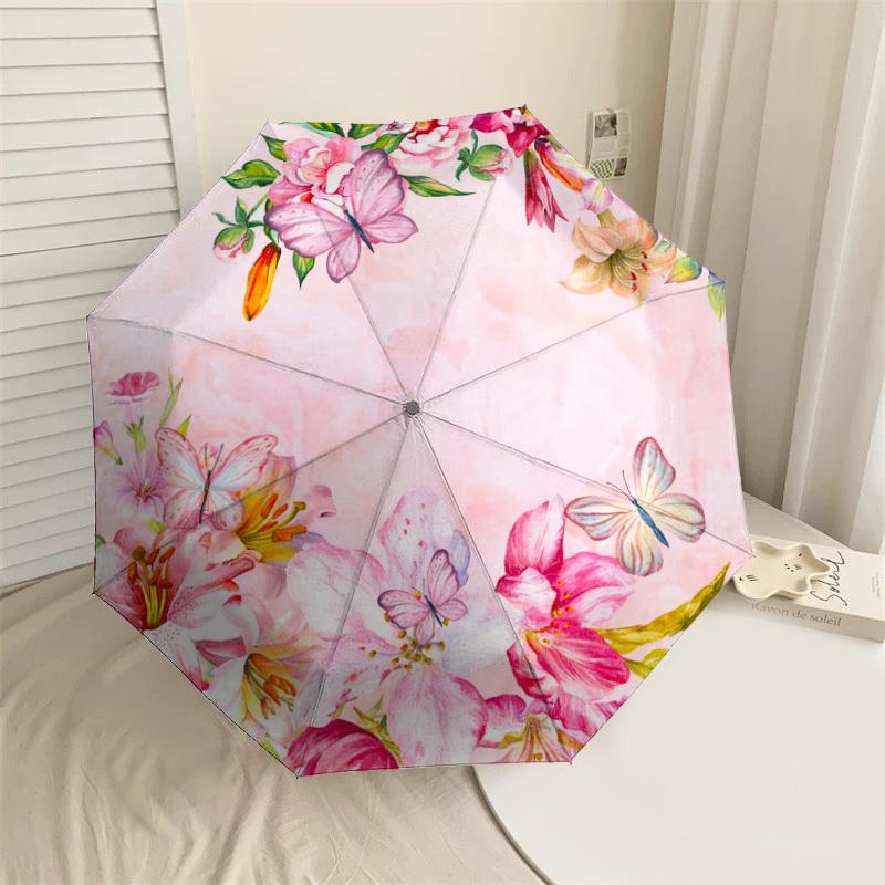1 Stück Blumen Schmetterling Automatischer Faltregenschirm, Robuster 8-Rippen-Eisenrahmen, Geeignet für Reisen, Täglichen Gebrauch, Geburtstag, Dekorationsgeschenk m0104019