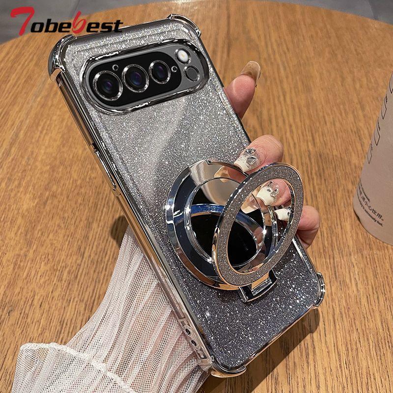 

Glitter Shockproof Silicone Case For Google Pixel 9 Pro XL 9A Mirror Magnetic Holder Stand Soft Cover Google Pixel 9 Pro Fold серебряный