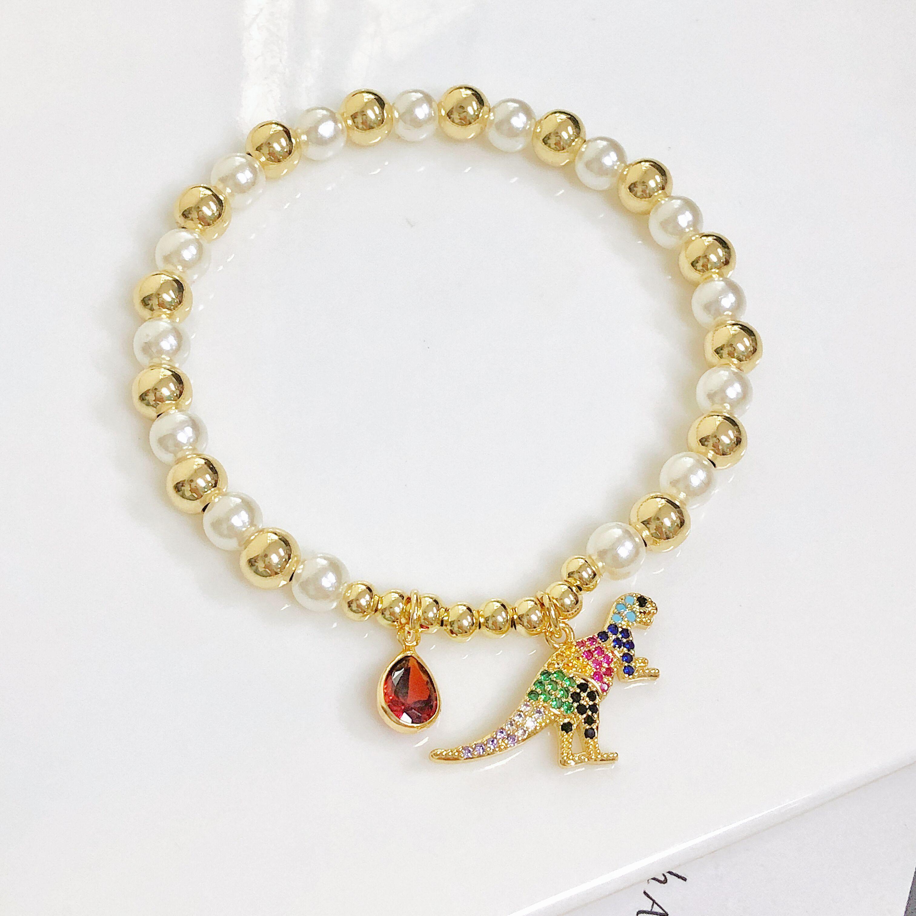 

Fashion Zirconia Animal Dinosaur Pearl Pendant Bracelet For Women Exquisite Lucky Cuff Bracelet Anniversary Gift Luxury Zircon