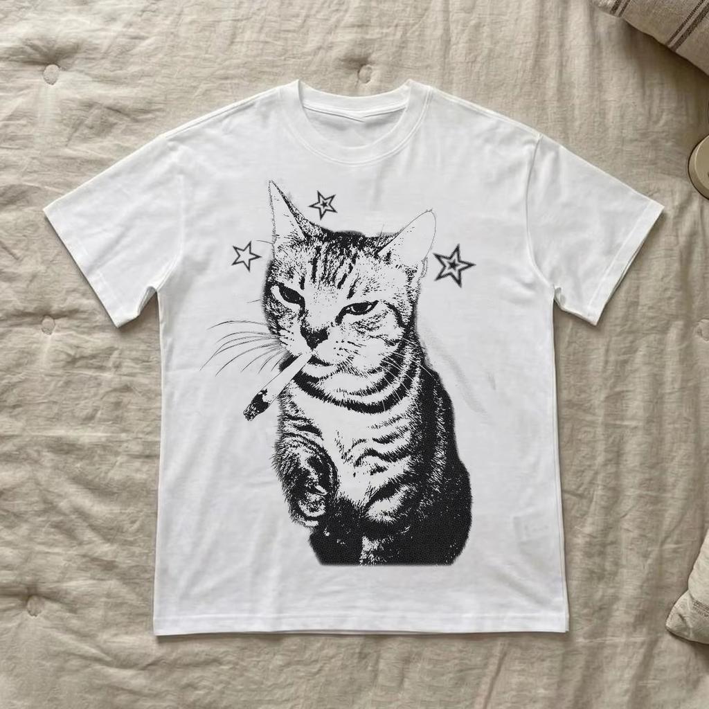 Y2k Tops Cat Vintage Loose Oversized Unisex Tshirt Harajuku Streetwear Trendy Cotton Print Breathable High Quality Couples Soft