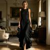 Ärmelloses Damenkleid Raffung Rüschensaum Elegantes Schwingkleid Rundhalsausschnitt Strandkleid für Büro Party Cocktail Strandmode