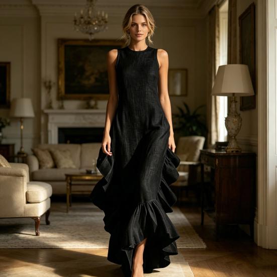 Ärmelloses Damenkleid Raffung Rüschensaum Elegantes Schwingkleid Rundhalsausschnitt Strandkleid für Büro Party Cocktail Strandmode