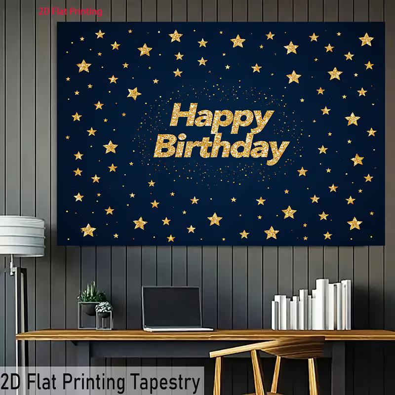 Glitter Gold Star Birthday Tapestry, Dark Blue Starry Night Wall Hanging