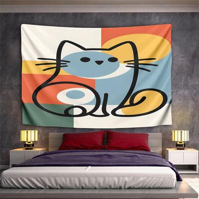 Colorful Geometric Cat Illustration Pattern Wall Hanging Tapestry Decorative Tapestry Home Decor for Bedroom and Living Room