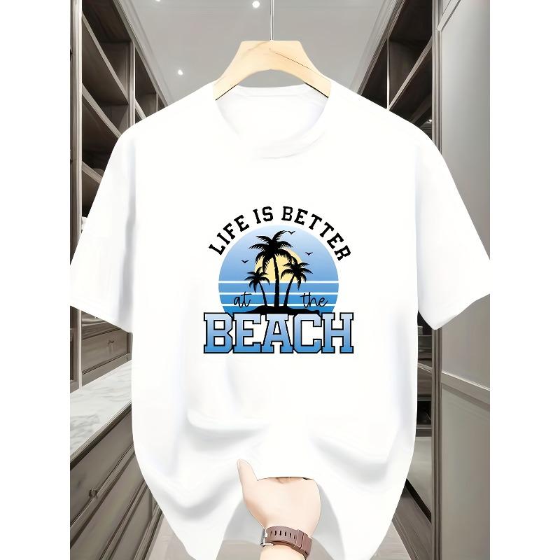 European size Men's Graphic T-Shirt with "Life is Better Beach" Palm Tree Design, Casual Tee for Vacation, Everyday Outfits