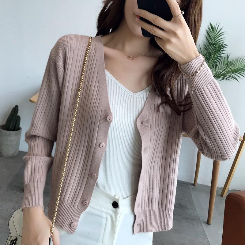 Autumn Winter Loose Short Outer V Neck Long Sleeve Solid Color Single Breasted Knitted Cardigan