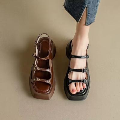 Moda 2025 Nuevas Sandalias de Plataforma Verano Mujer Hebilla Zapatos Casuales Sandalias de Cuña Punta Abierta Poco Profundas Color Sólido Tacones Altos para Mujer